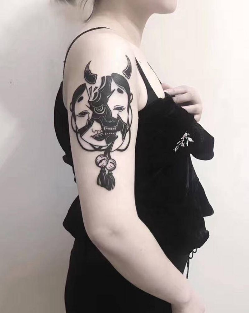 暗黑风般若纹身图片_手臂肩部New School水墨般若纹身图案