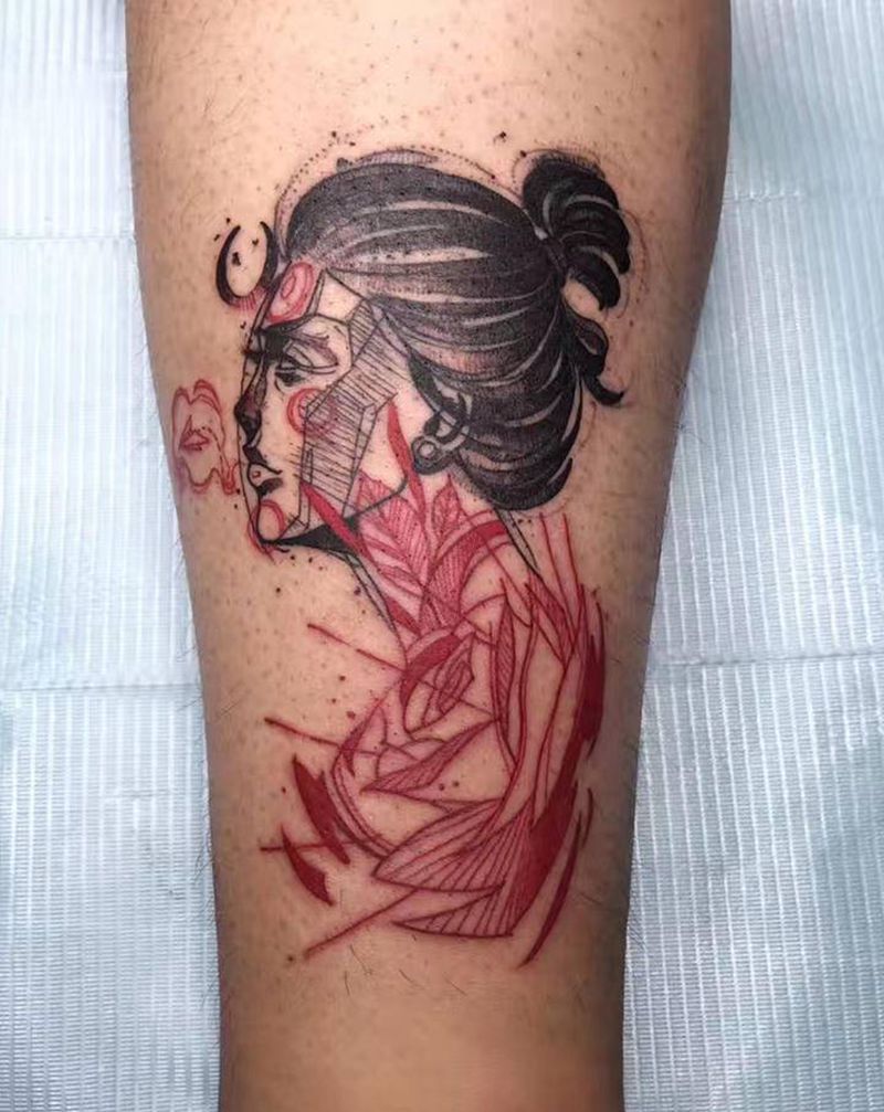 欧美速写风少女纹身图片_脚部腿部New School点刺女人速写纹身图案