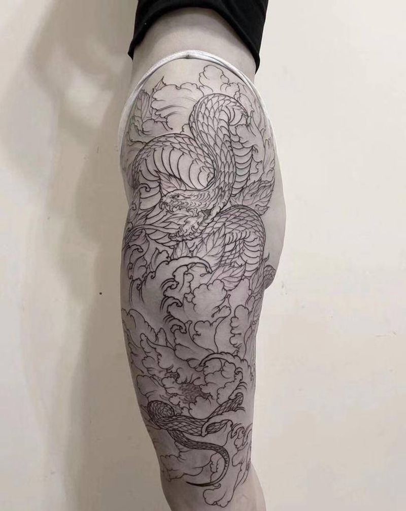 蛇缠牡丹 割线部分纹身图片_臀部腿部老传统新传统蛇牡丹海浪纹身图案