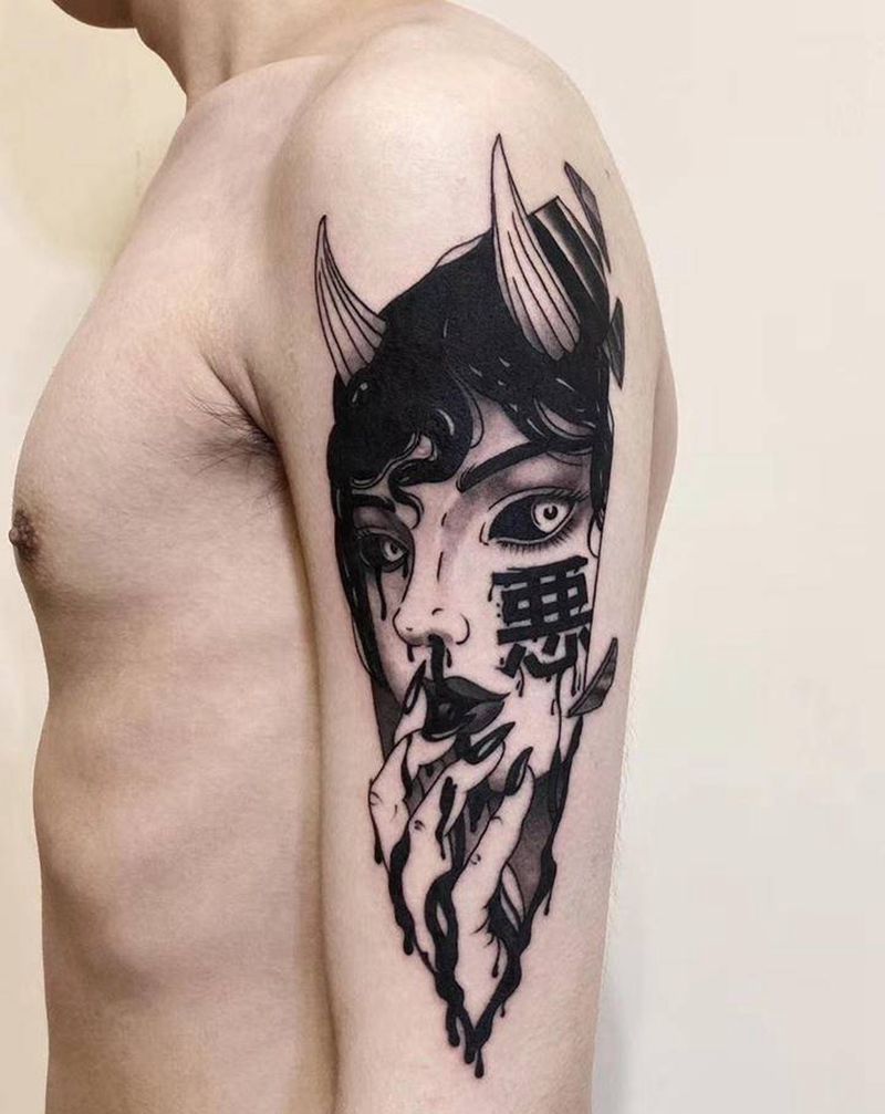 暗黑少女纹身图片_手部手臂New School几何般若少女暗黑纹身图案