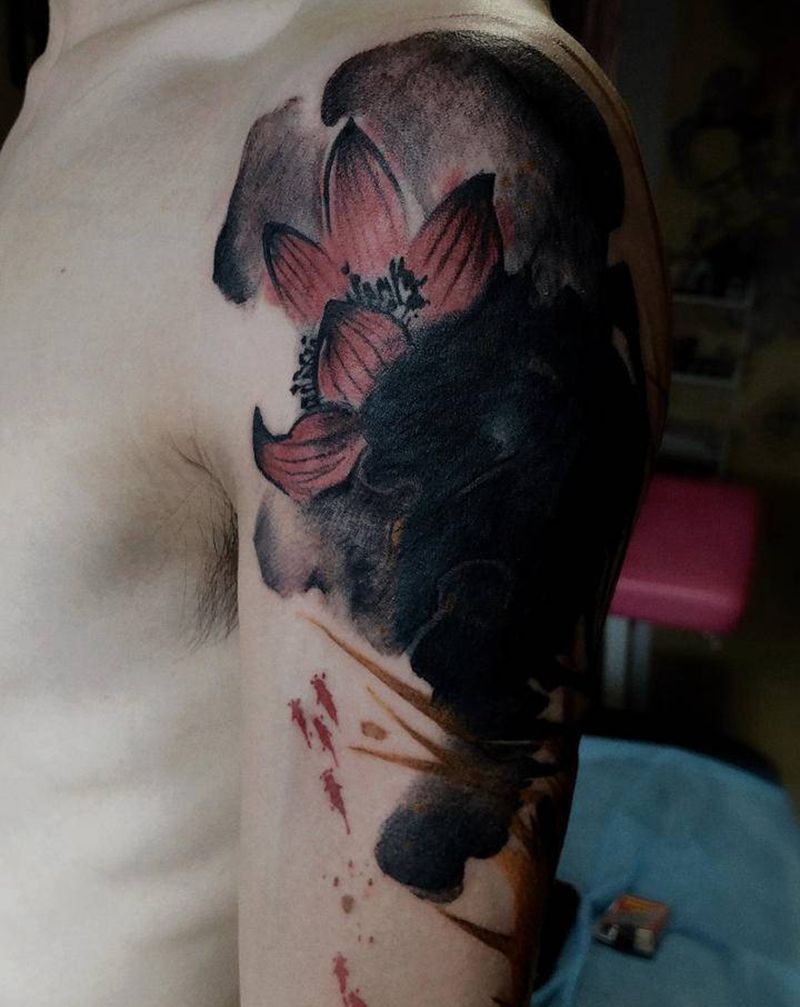 莲小品纹身图片_手臂手部水墨水彩纹身图案