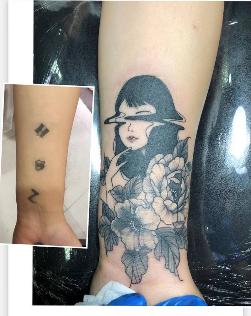 艺伎素花纹身图片_新传统纹身图案