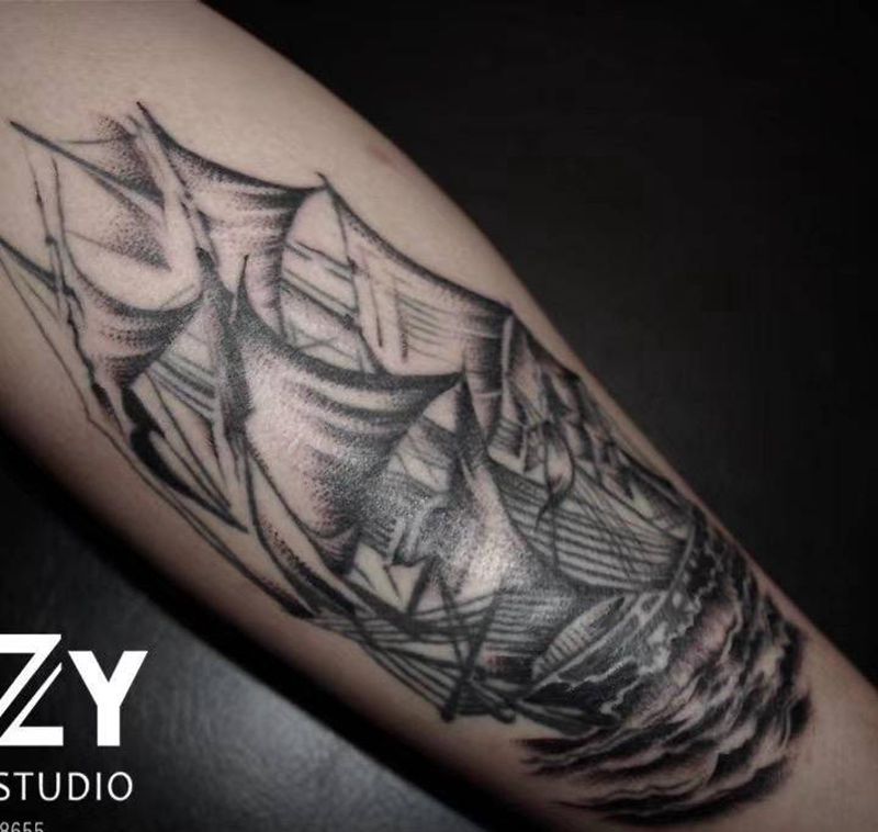 船纹身图片_脚部New School船纹身图案