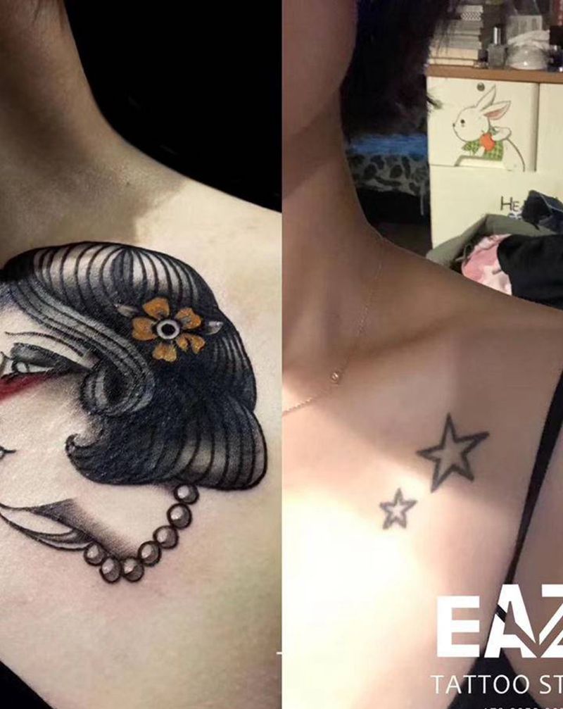 遮盖纹身图片_肩部Old School女人纹身图案