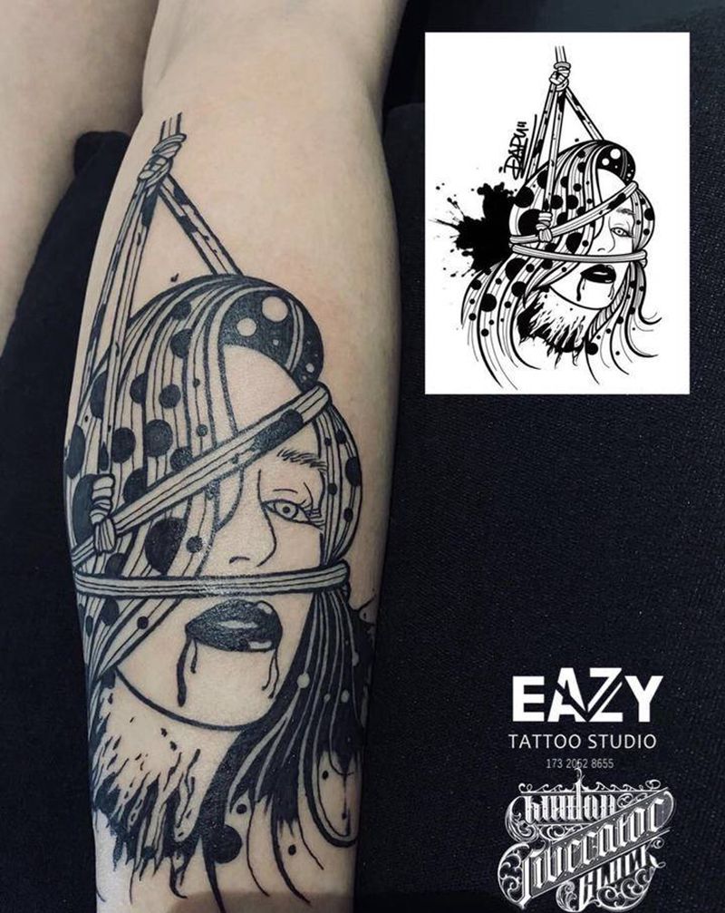 原创手稿纹身图片_腿部New School女人 波点纹身图案