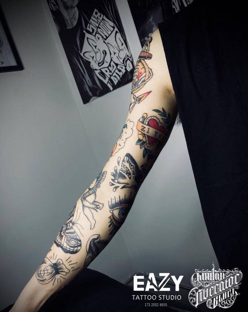 100%拼接纹身图片_手臂Old Schoolold school花臂纹身图案