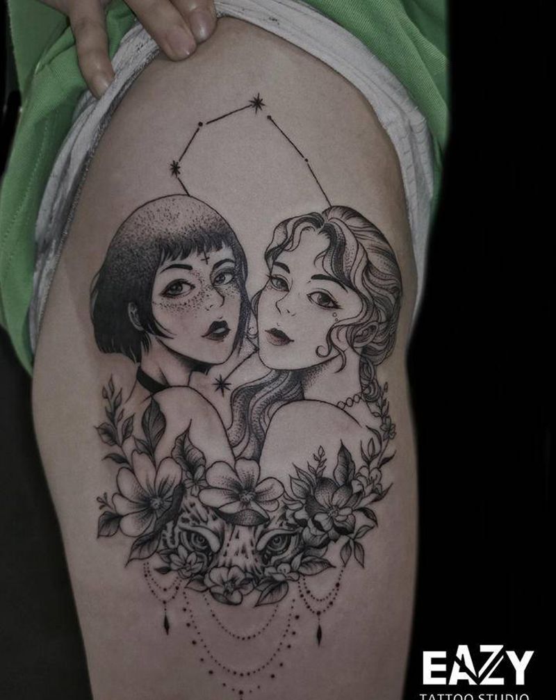 双子座纹身图片_腿部臀部New School双子座纹身图案