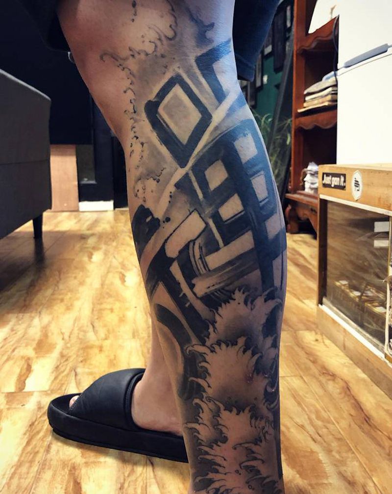 禅纹身图片_脚部腿部水墨水彩纹身图案