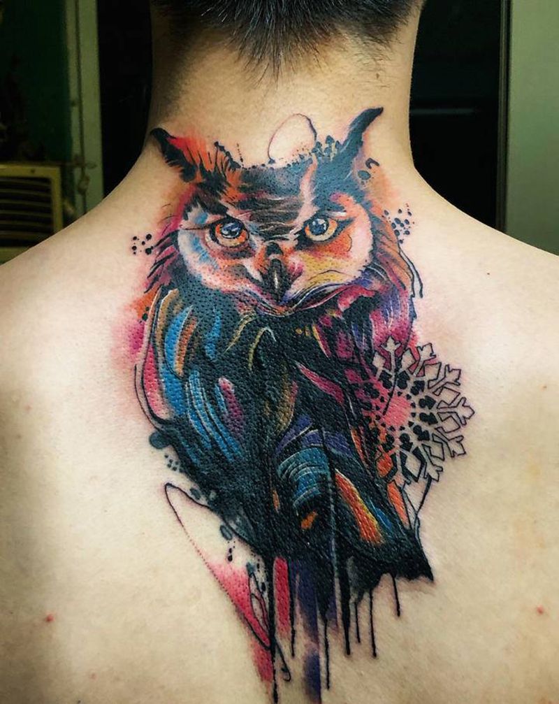 猫头鹰纹身图片_背部水墨水彩纹身图案