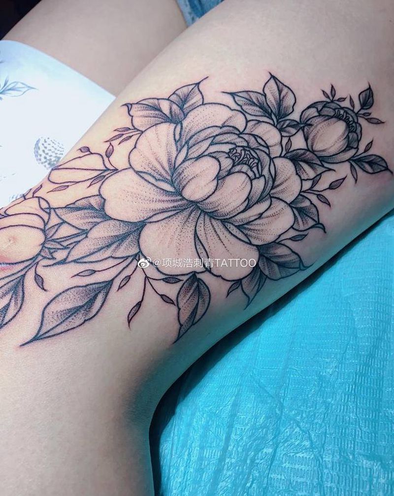 素花纹身图片_腿部纹身图案