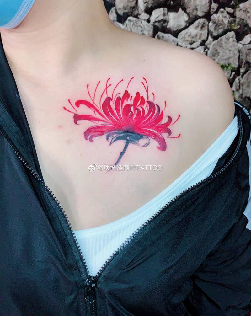 彼岸花 遮盖作品纹身图片_胸部水彩纹身图案