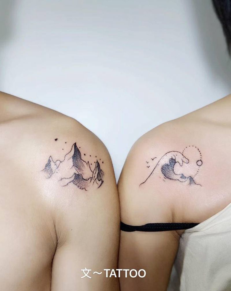 情侣纹身纹身图片_肩部新传统山 浪花纹身图案