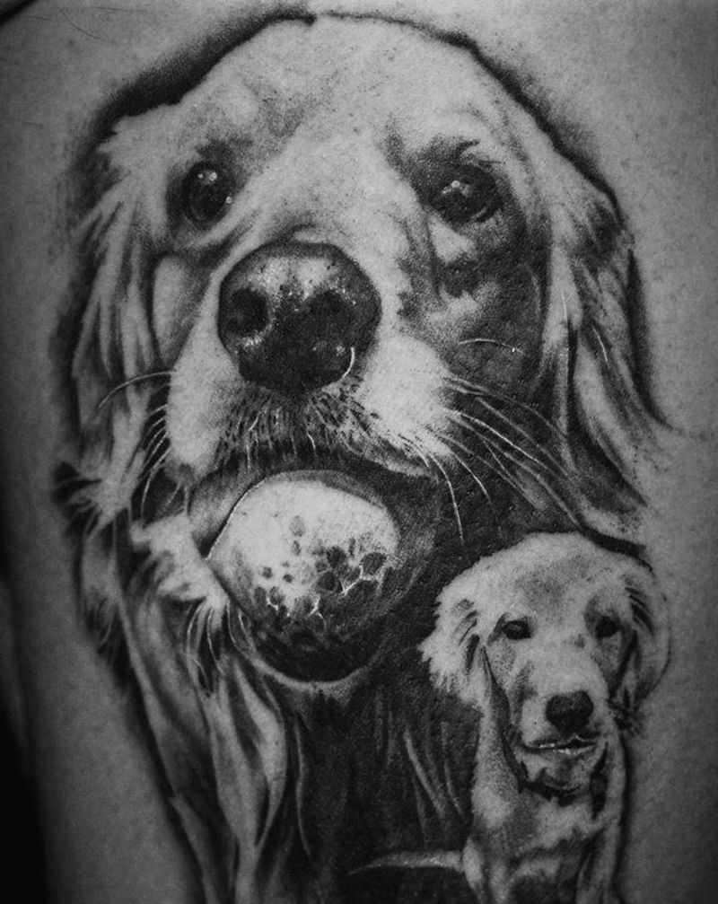 金毛纹身图片_腿部欧美写实纹身图案