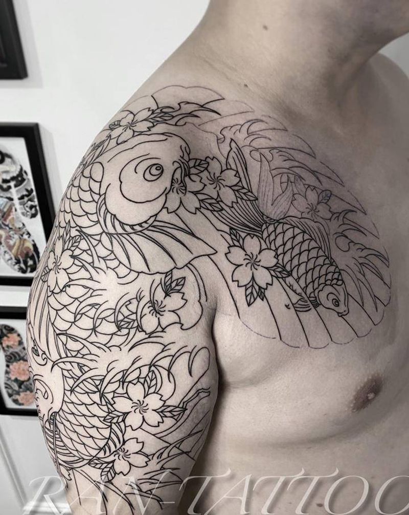 老传统半胛鲤鱼割线未完成纹身图片_胸部手臂老传统新传统鱼海浪樱花纹身图案