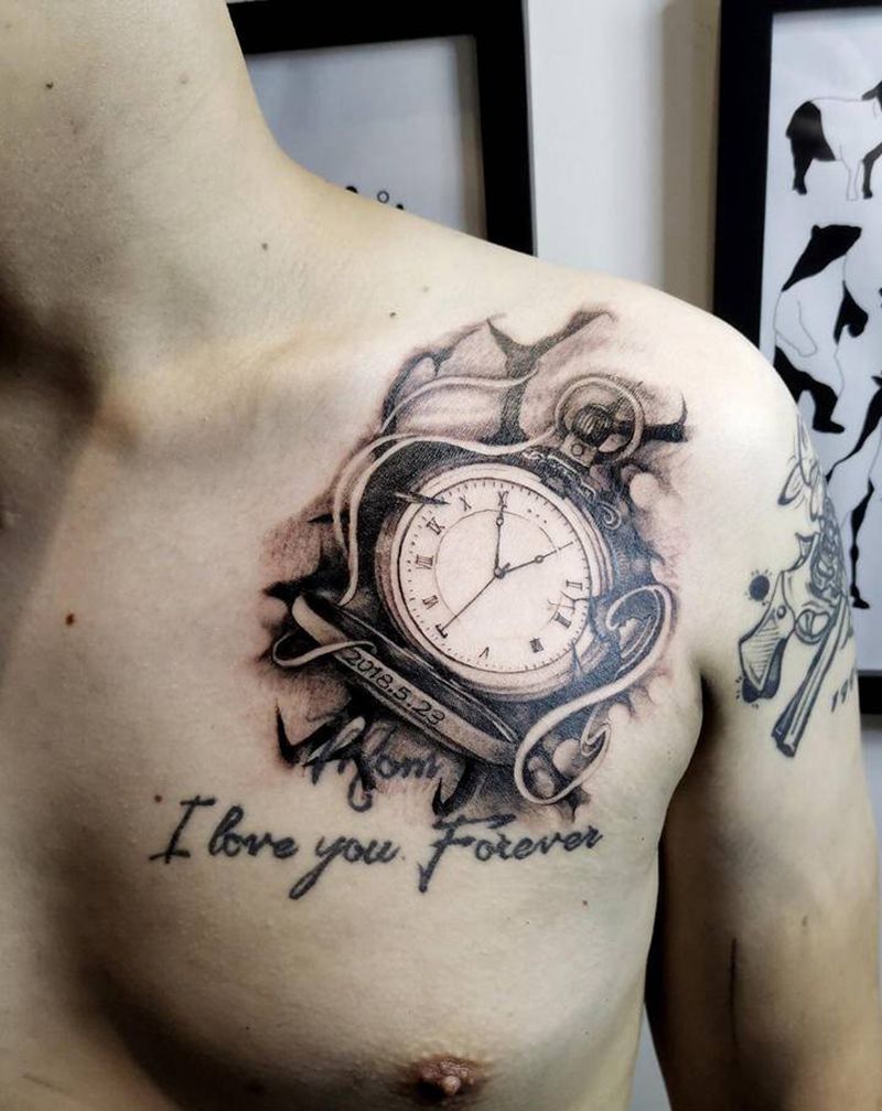 怀表纹身图片_胸部欧美写实怀表纹身图案