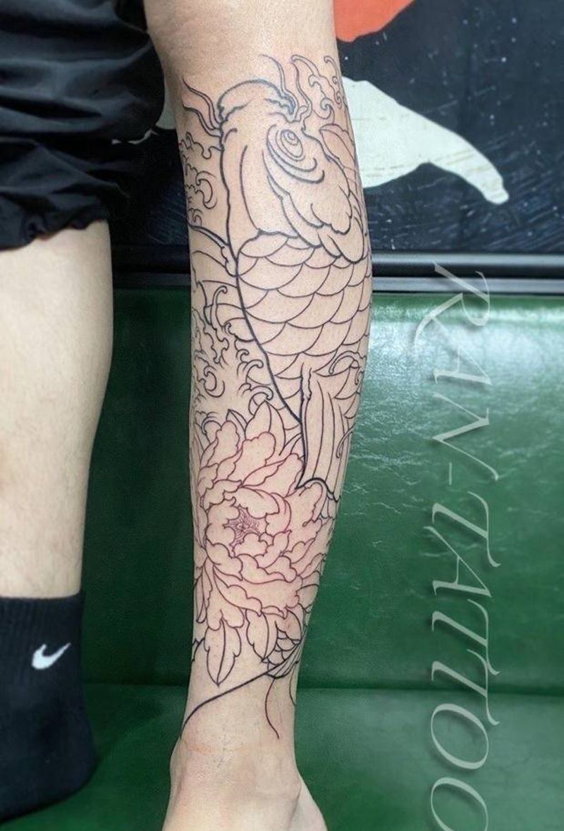 鲤鱼包小腿割线未完成纹身图片_腿部手臂老传统新传统鲤鱼牡丹花海浪纹身图案