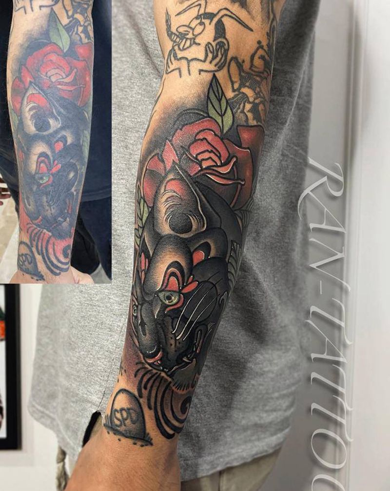 修改旧纹身school豹子玫瑰纹身图片_手臂手部Old SchoolNew School豹子玫瑰School纹身图案