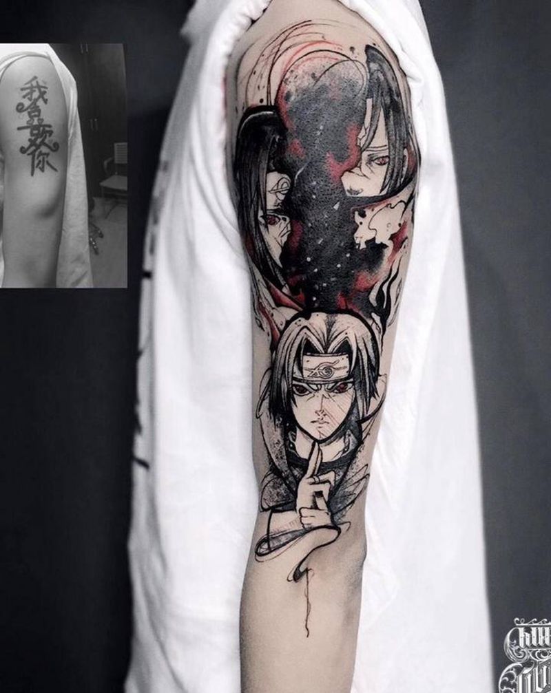 火影遮盖纹身图片_手臂New School火影宇智波鼬纹身图案