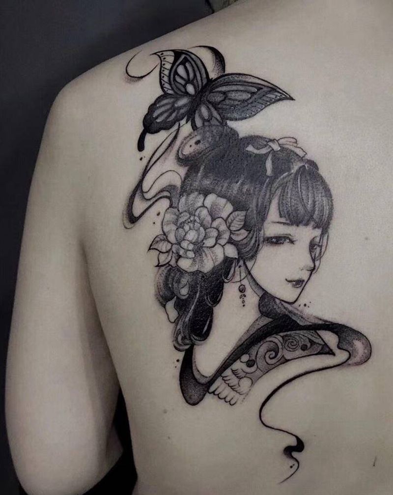 美化遮盖纹身图片_背部New School艺妓纹身图案