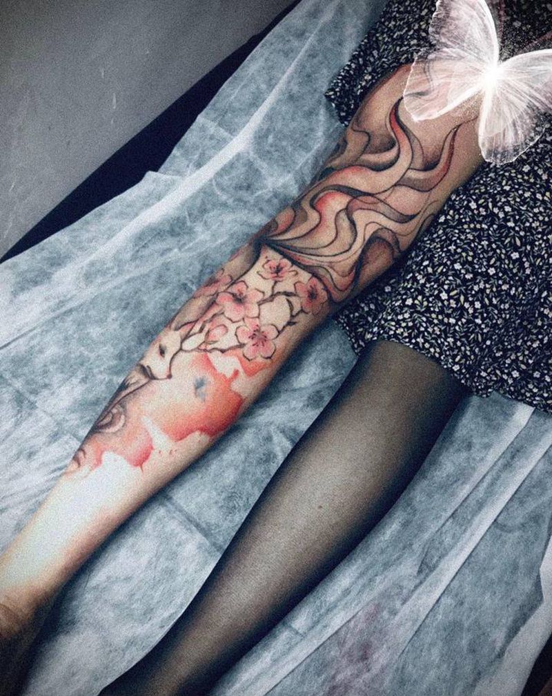 狐狸纹身图片_腿部水墨纹身图案