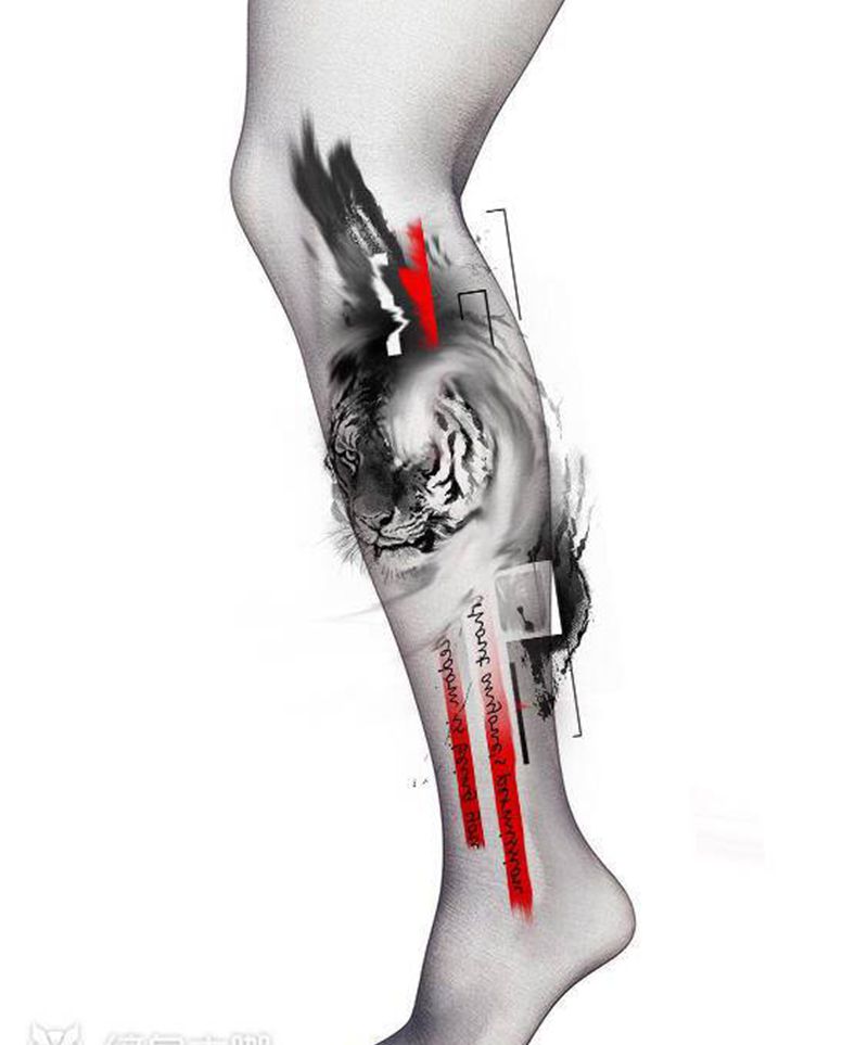 虎纹身图片_腿部脚部水墨水彩纹身图案