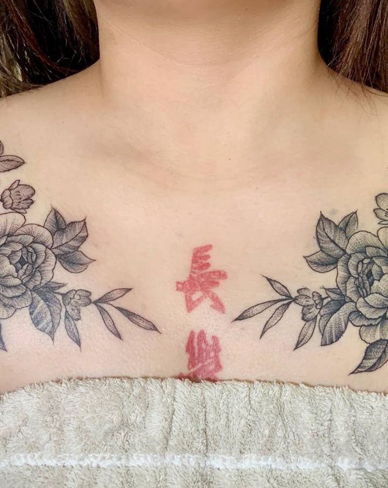 素花纹身图片_肩部新传统纹身图案