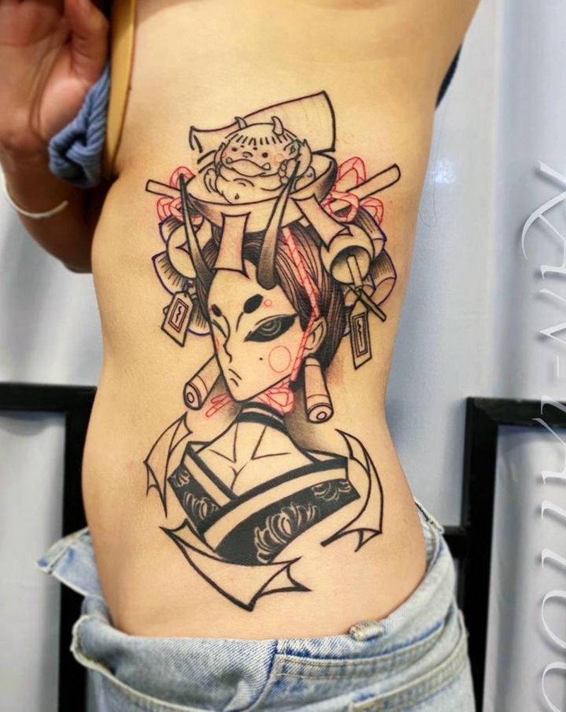 孟婆 完成度50%纹身图片_腰部腿部New School新传统酒孟婆酒吞童子纹身图案