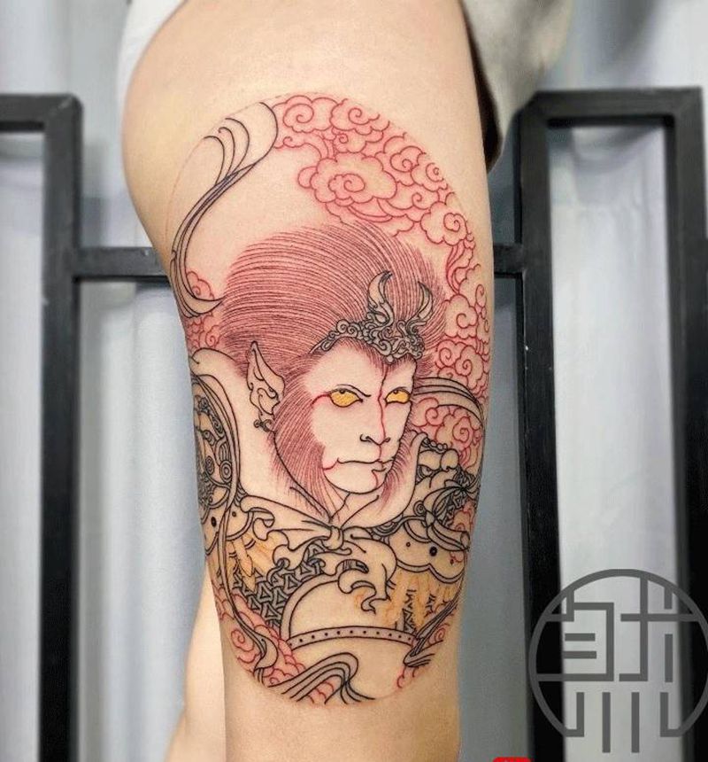 孙悟空割线完成纹身图片_腿部手臂老传统新传统孙悟空祥云老传统纹身图案