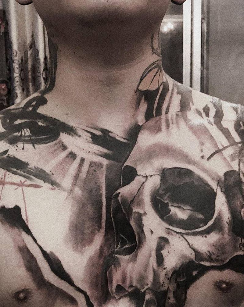 一点点扎满纹身图片_胸部腹部欧美写实纹身图案