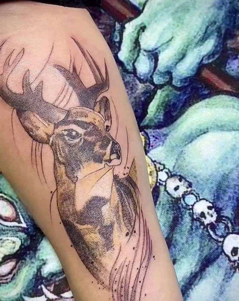 鹿纹身图片_手臂欧美写实生财有鹿纹身图案