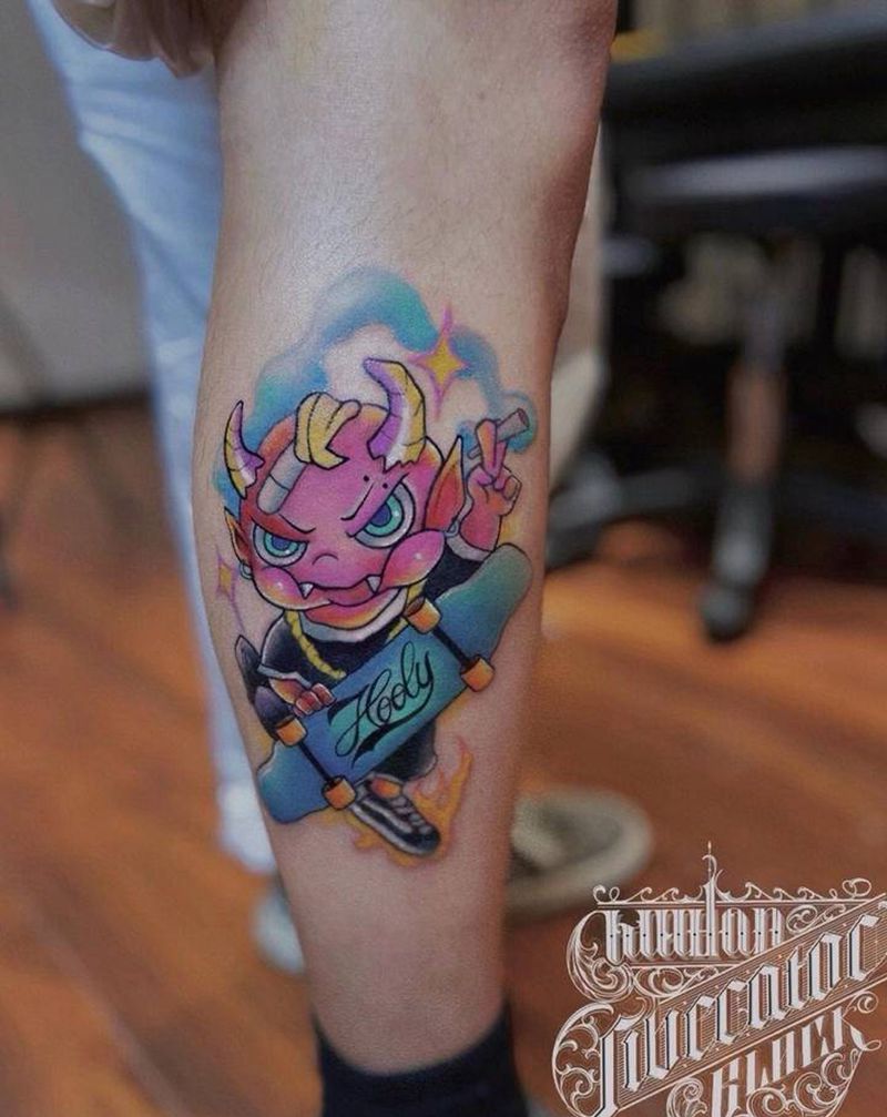 小恶魔纹身图片_腿部New School恶魔滑板纹身图案