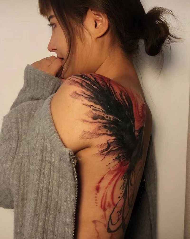 凤求凰纹身图片_水墨水彩纹身图案