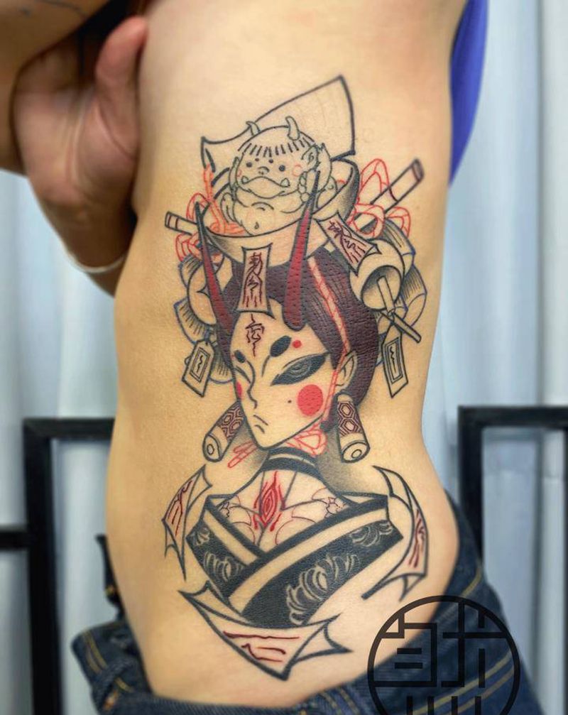 孟婆 完成度60％纹身图片_腰部腿部New School新传统孟婆妖怪酒纹身图案