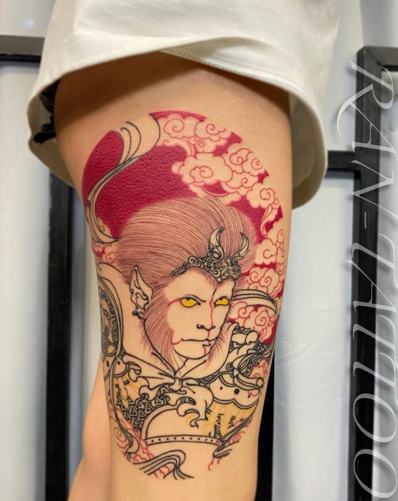 孙悟空 完成度40%下次继续纹身图片_腿部臀部新传统老传统孙悟空云唐卡纹身图案