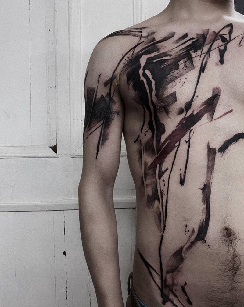 墨纹身图片_胸部腹部水彩水墨纹身图案