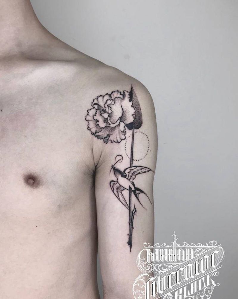 花花草草纹身图片_手臂肩部点刺几何桔梗花鸟纹身图案