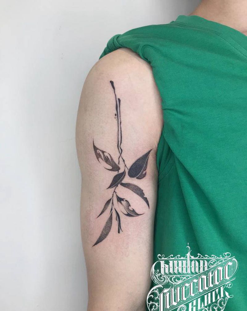 叶子纹身图片_手臂点刺叶子纹身图案