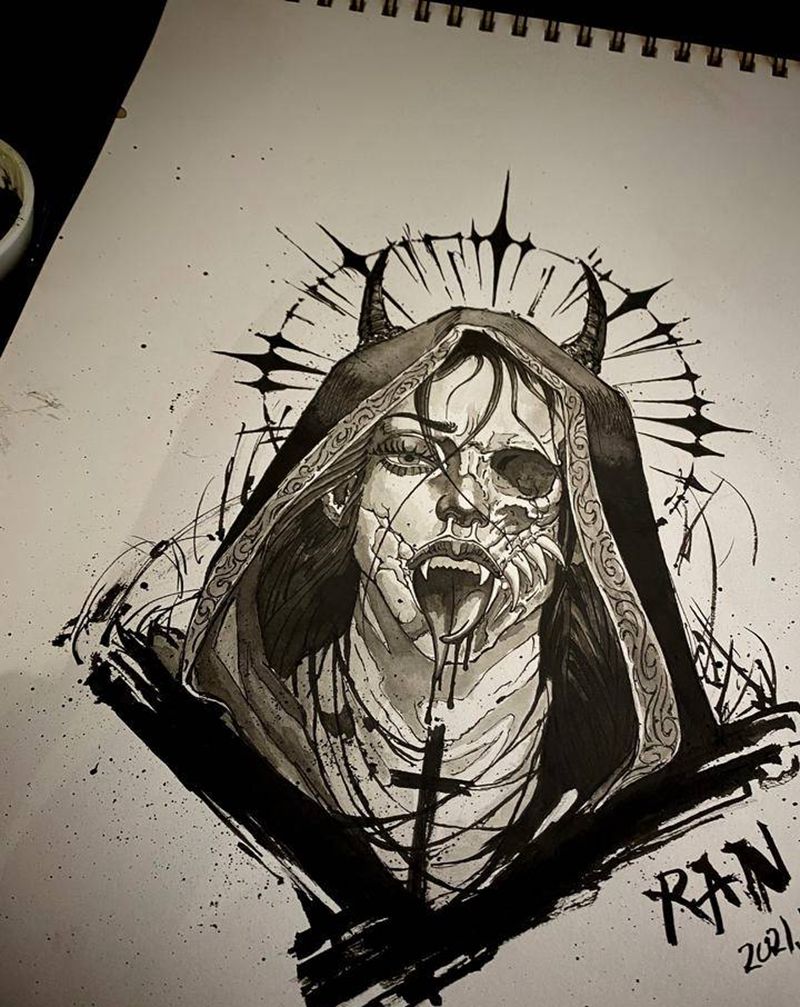 Blackwork修女纹身图片_手臂腿部点刺水墨修女恶魔纹身图案