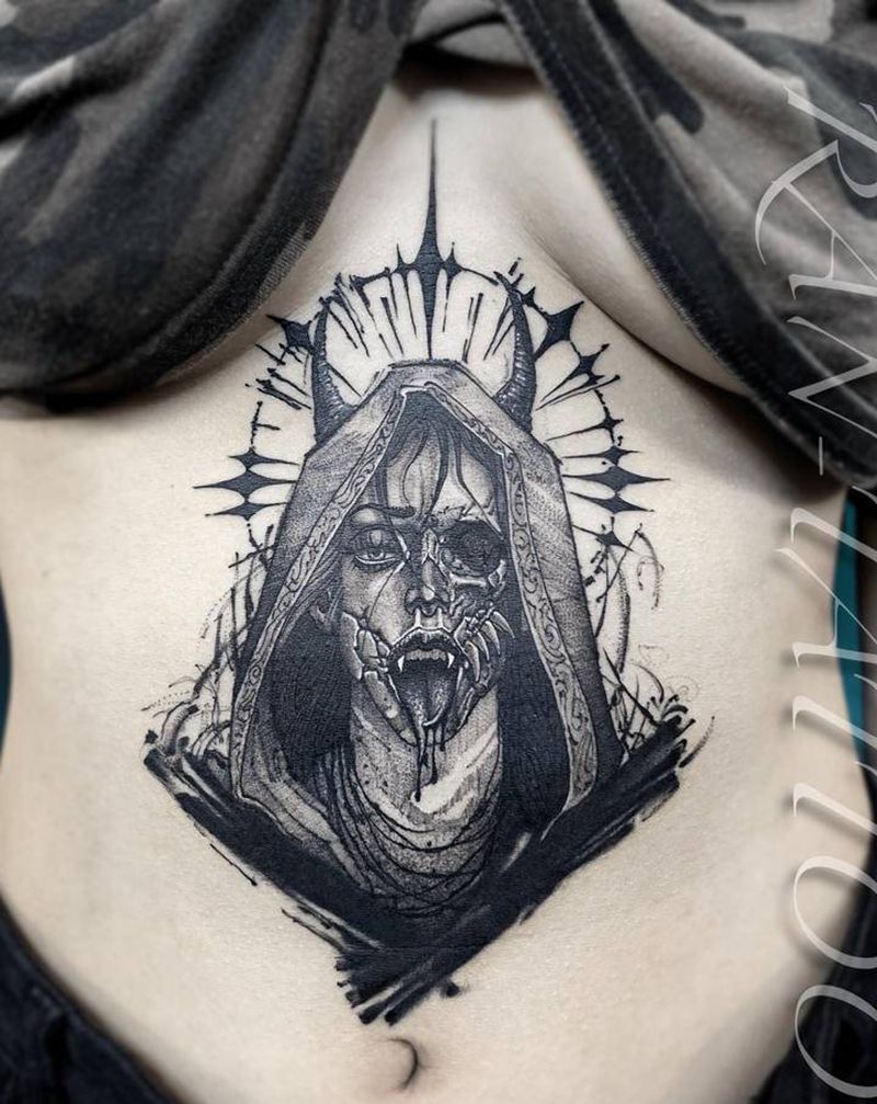 Blackwork修女纹身图片_腹部腰部点刺欧美写实修女骷髅纹身图案