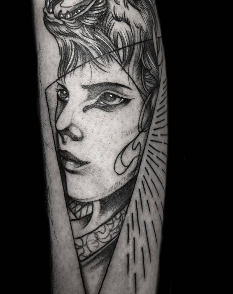 线条黑灰纹身图片_腿部几何欧美写实人物肖像纹身图案