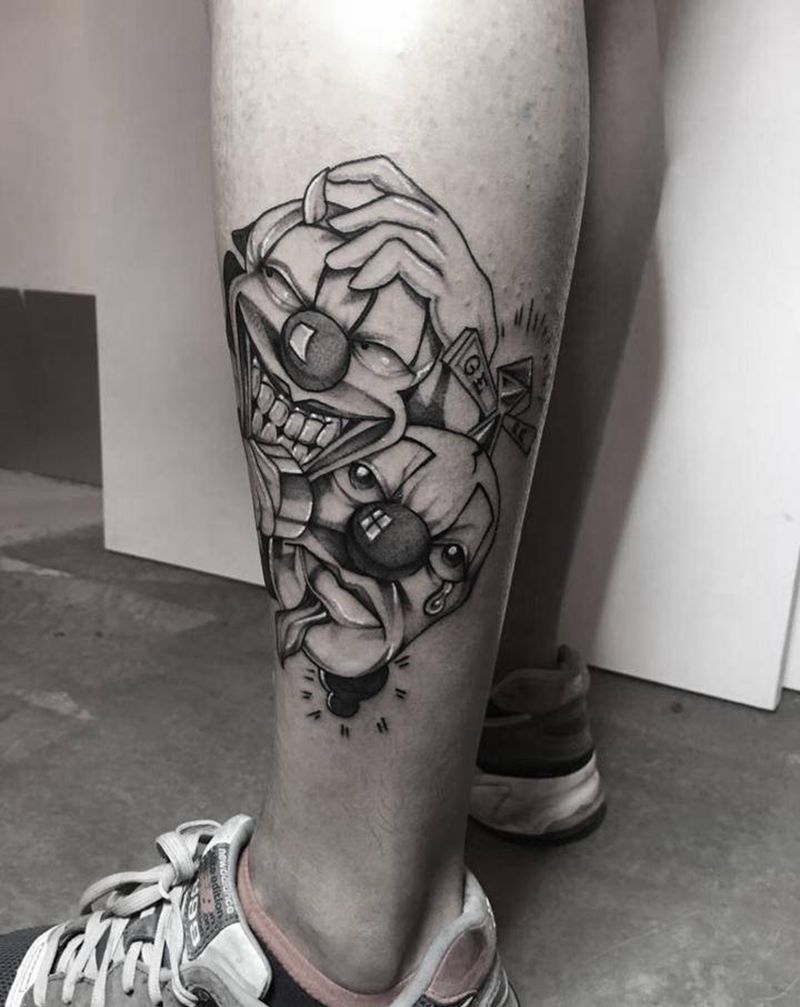 Chicano黑灰纹身图片_腿部New School纹身图案