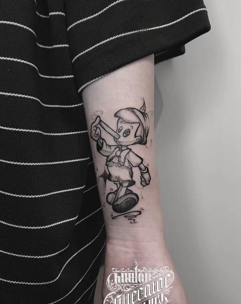 皮诺曹纹身图片_手臂New School点刺black work纹身图案