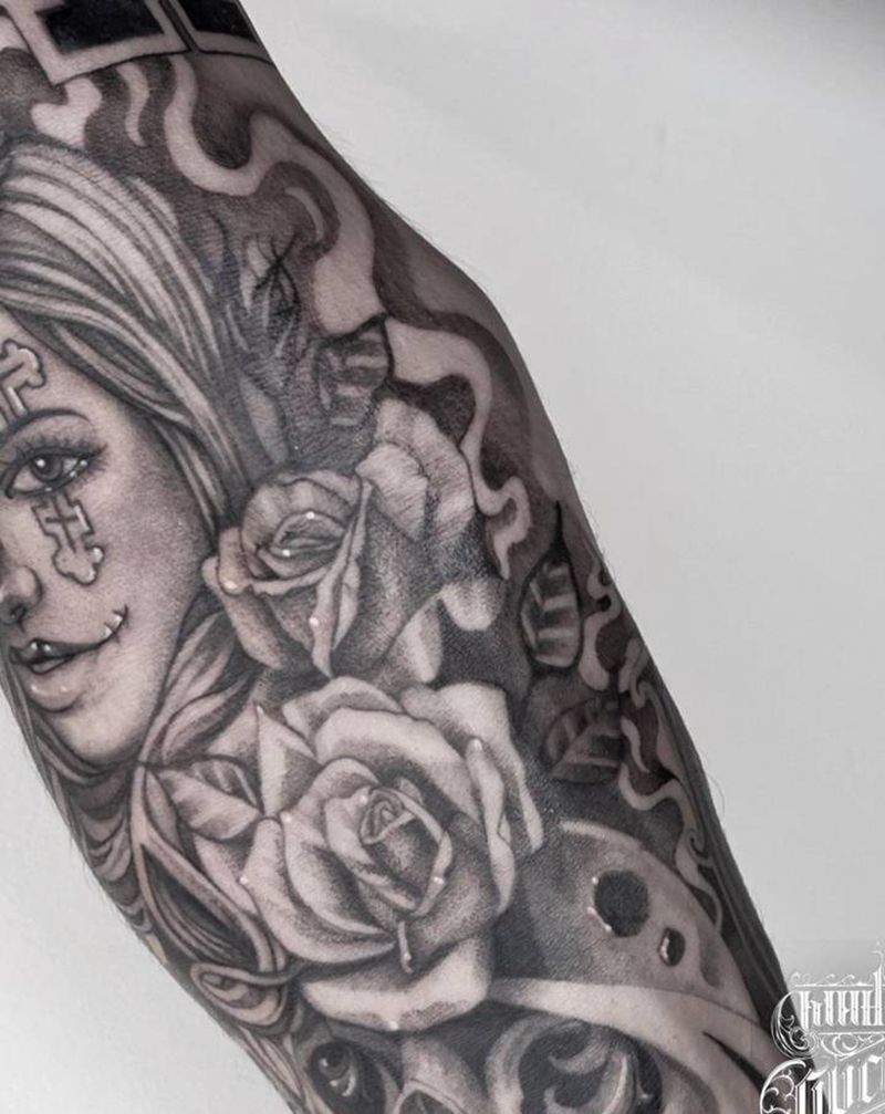 墨西哥黑灰纹身图片_手臂欧美写实New School纹身图案