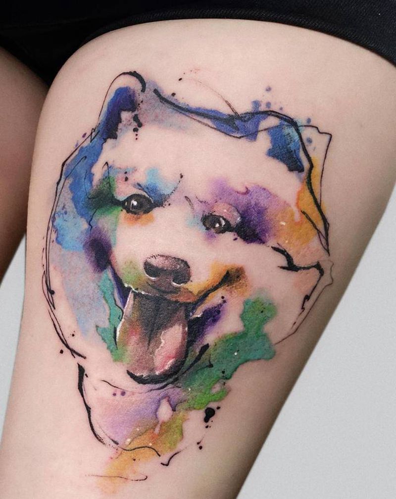 水彩宠物纹身图片_腿部水彩水墨纹身图案