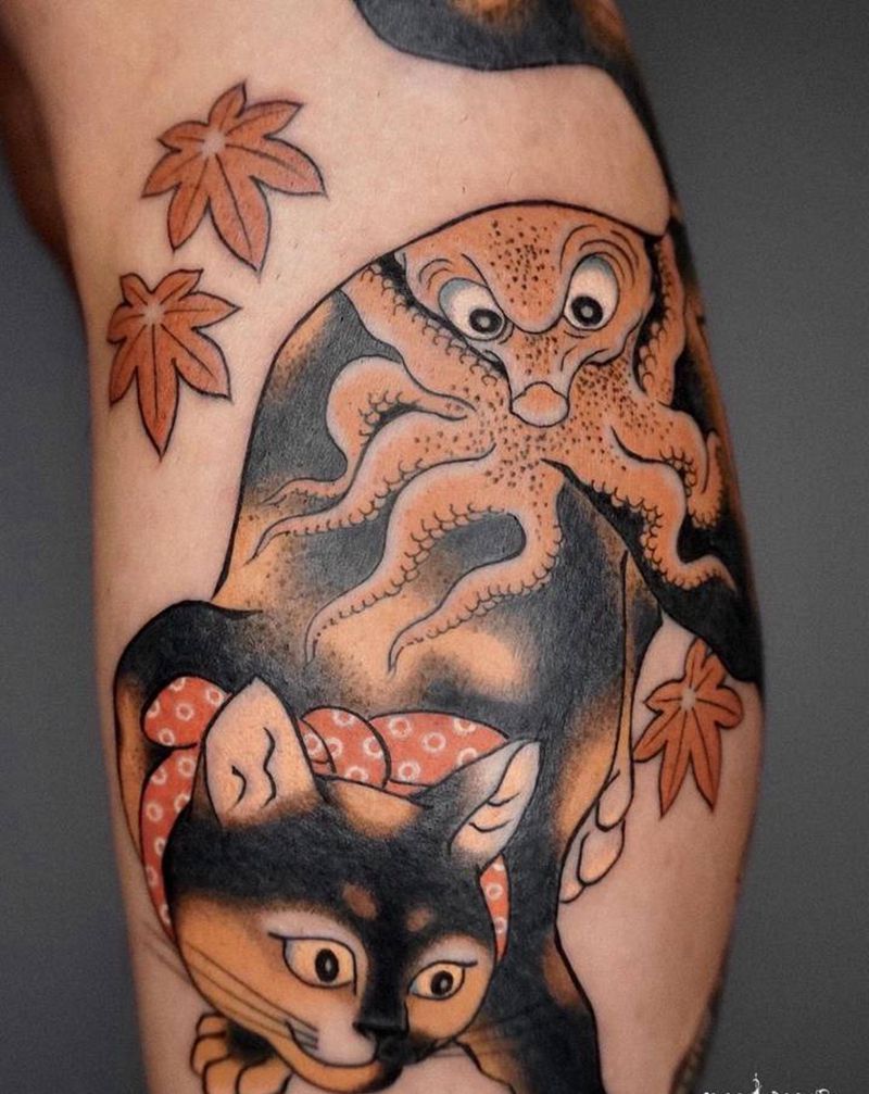 猫纹身图片_手臂老传统新传统猫章鱼纹身图案