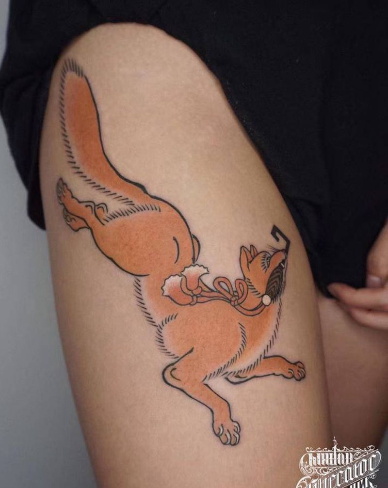 狐狸纹身图片_腿部老传统新传统狐狸纹身图案
