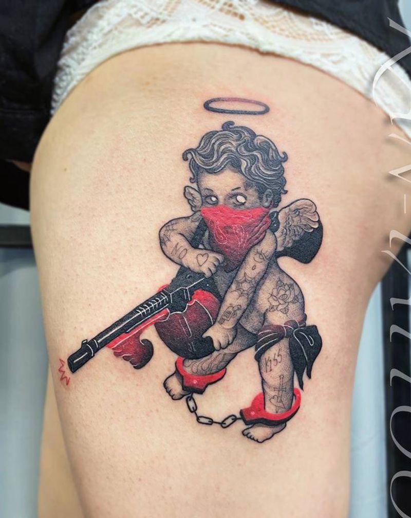 匪帮小天使纹身图片_腰部腿部点刺New School天使匪帮枪纹身图案