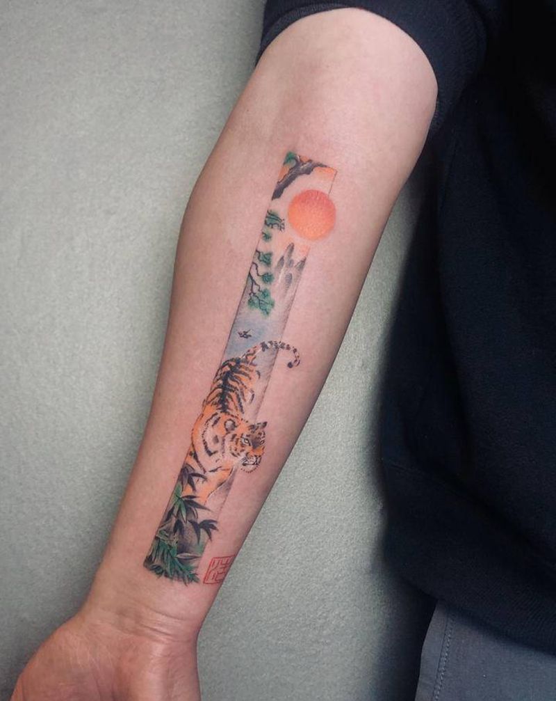 山水画纹身图片_手臂水墨水彩纹身图案