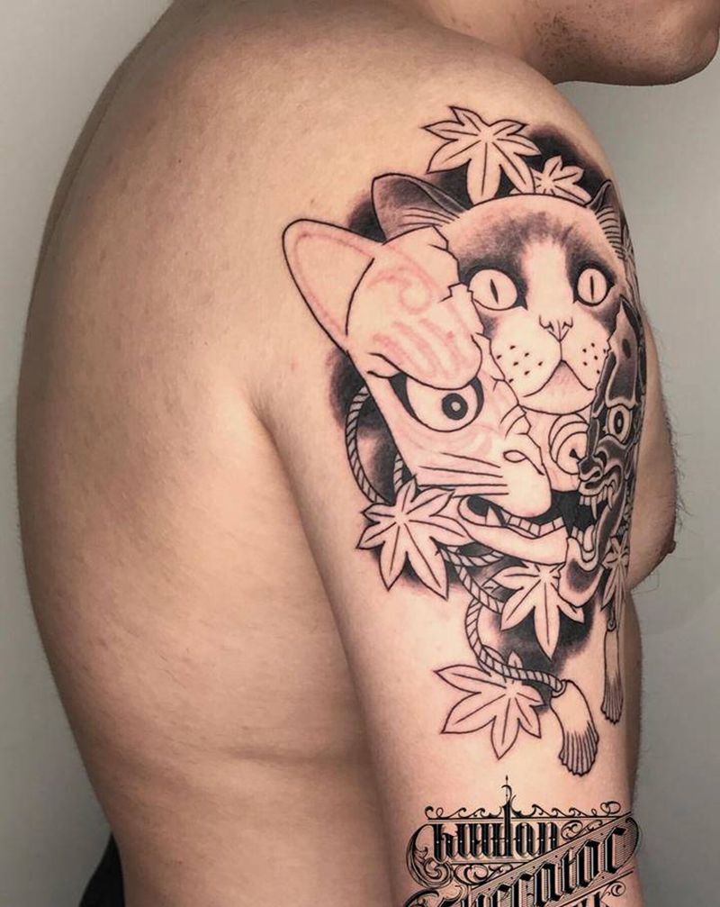 猫若？纹身图片_手臂老传统新传统猫般若面具纹身图案