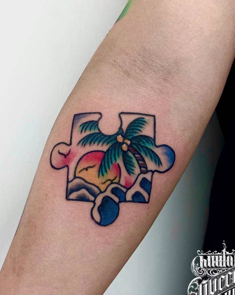 拼图海浪纹身图片_手臂Old School拼图海浪纹身图案